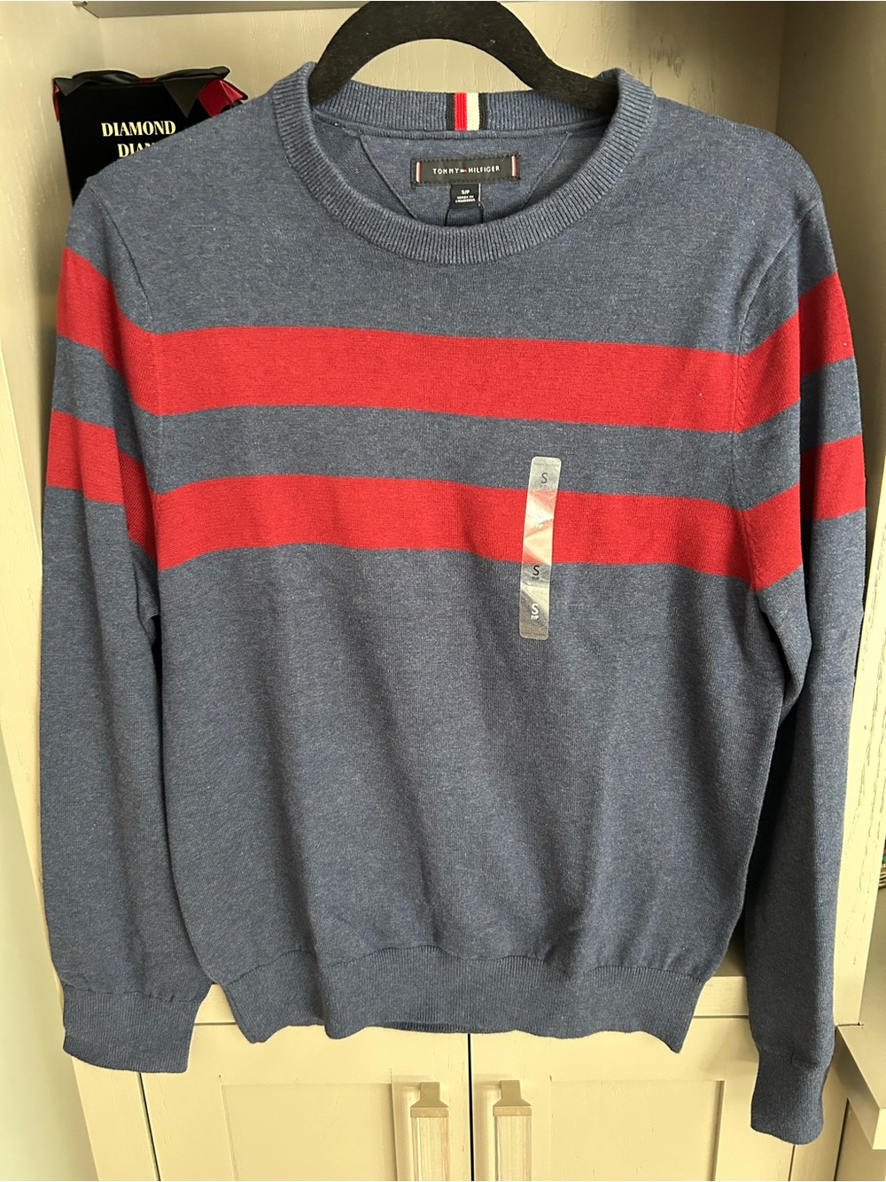NWT Tommy Hilfiger Men’s Blue Crewneck Sweater with Red Stripes